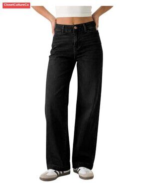 Wide Leg High Waisted Stretchy Denim Trouser Jeans Slash Pockets